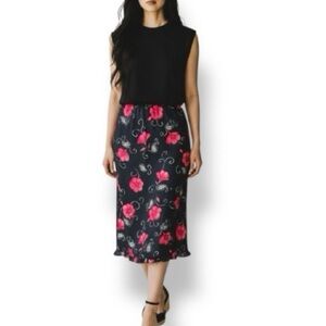4/$20 Vintage Kathy Ireland Floral Maxi Skirt Black Pink Elastic Waist Large